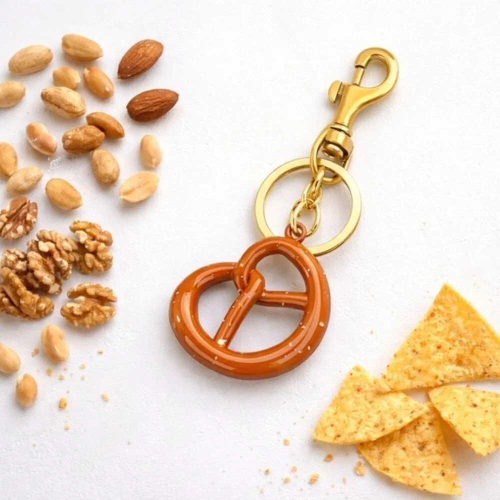 Caramel Pretzel Bag Charm Antique Gold Tone Alloy Keychain Purse Accessory Gift